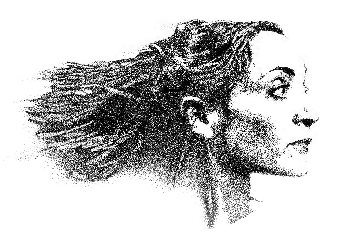 Infographiste indépendant, création d'illustrations, dessin pointilliste de Dominique Blanc dans la pièce de théâtre 'Une maison de poupée' d'Enrik Ibsen à l'Odéon Théâtre de l'Europe en 1997