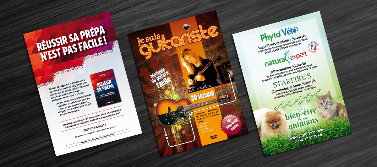Infographiste indépendant, création et mise en page de flyers pour livre, musique et alimentation animale