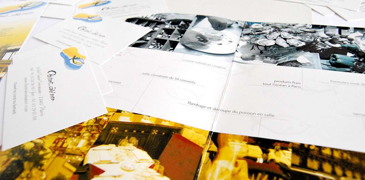 Infographiste indépendant, création et mise en page de plaquettes commerciales dépliant 2 volets, carte de restaurant