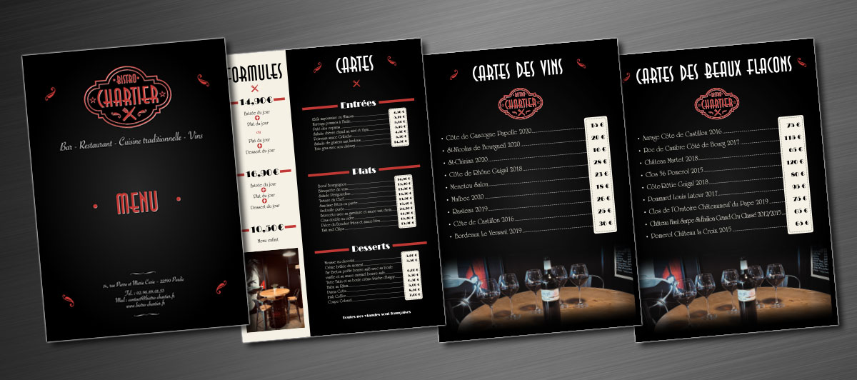 Infographiste indépendant, création de charte graphique pour bistrot, cartes et menus
