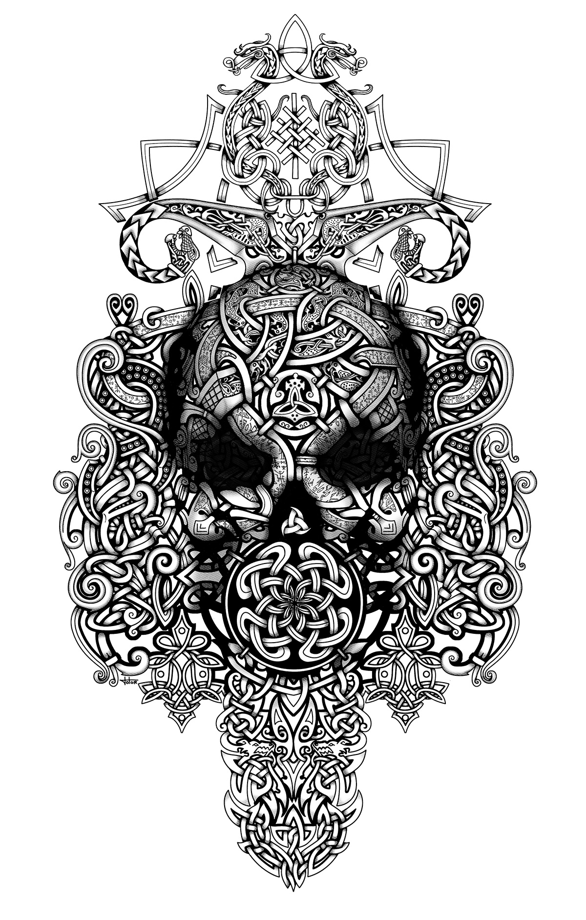 Infographiste indépendant, création d'illustrations pour tatouage avec entrelacs celtiques et tête de mort