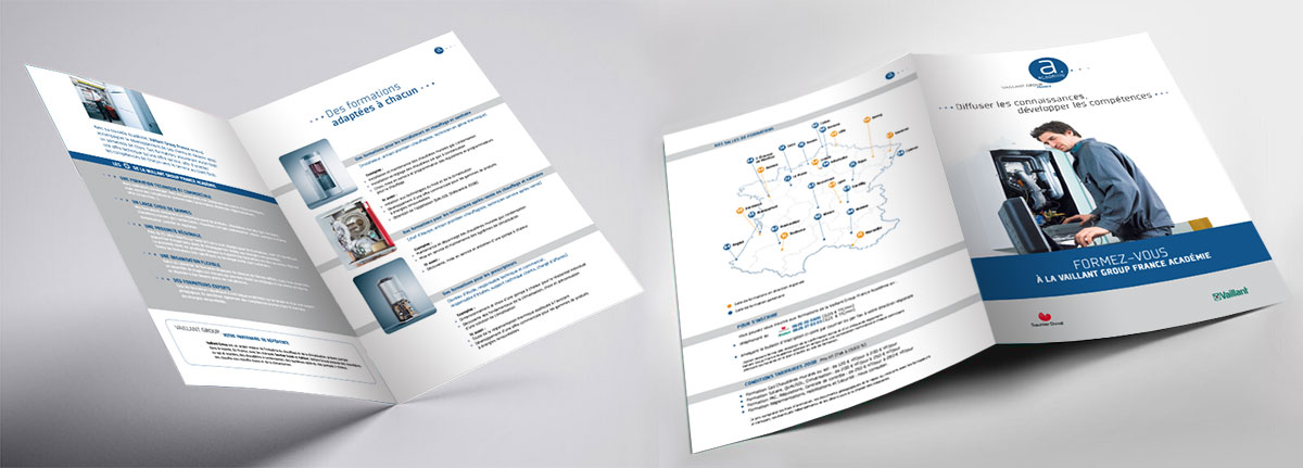 Infographiste indépendant, création et mise en page de plaquettes commerciales dépliant 2 volets Formation