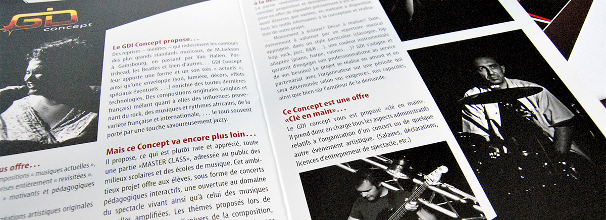 Infographiste indépendant, création et mise en page de plaquettes commerciales dépliant 2 volets musique Jazz