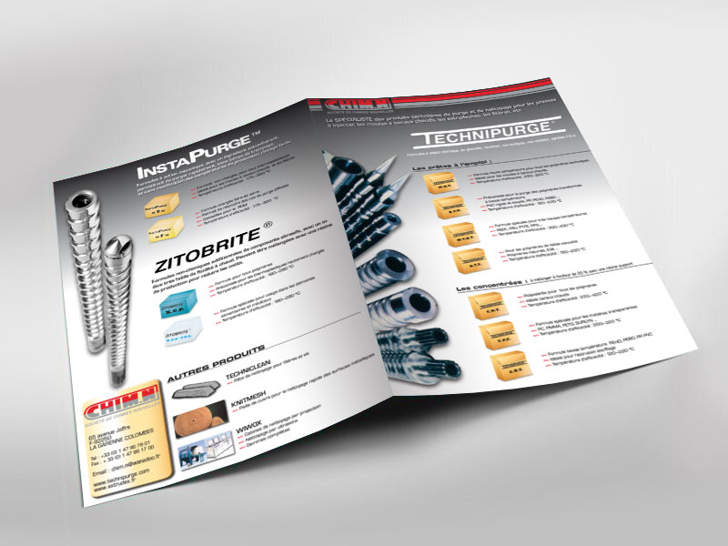 Infographiste indépendant, création et mise en page de plaquettes commerciales dépliant 2 volets, produits techniques